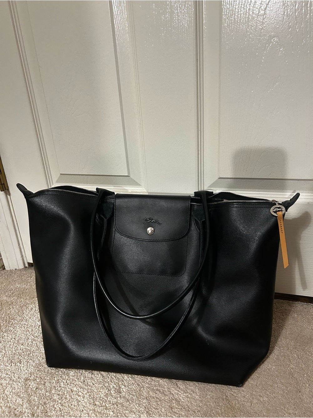 Longchamp Black Leather Tote with Zip and Front Flap